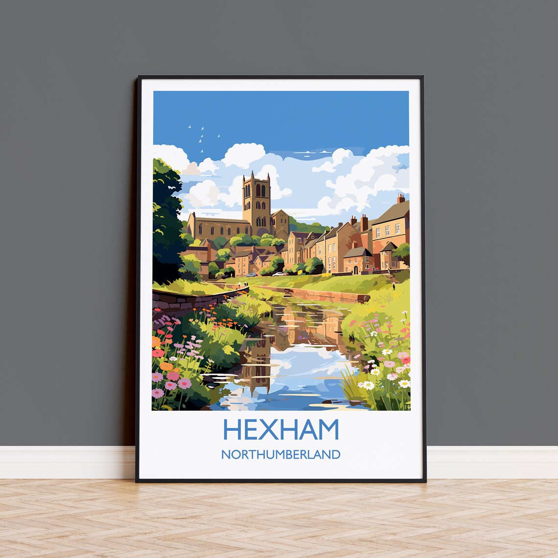 Hexham Northumberland Abbey Riverside Wildflowers Travel Poster