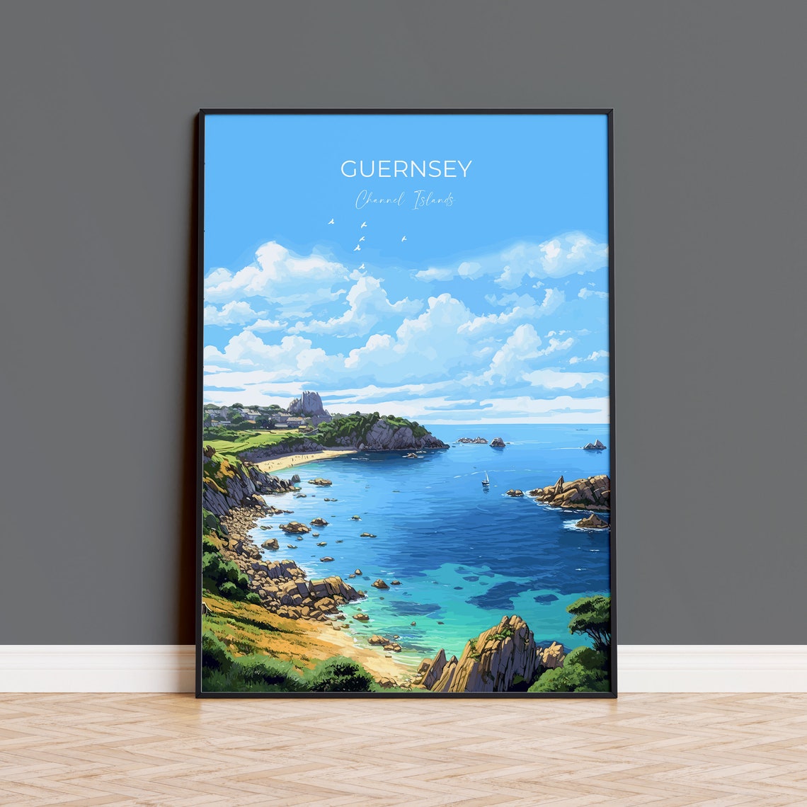 Guernsey Channel Islands Turquoise Cove Cliffs Coastal Travel Poster