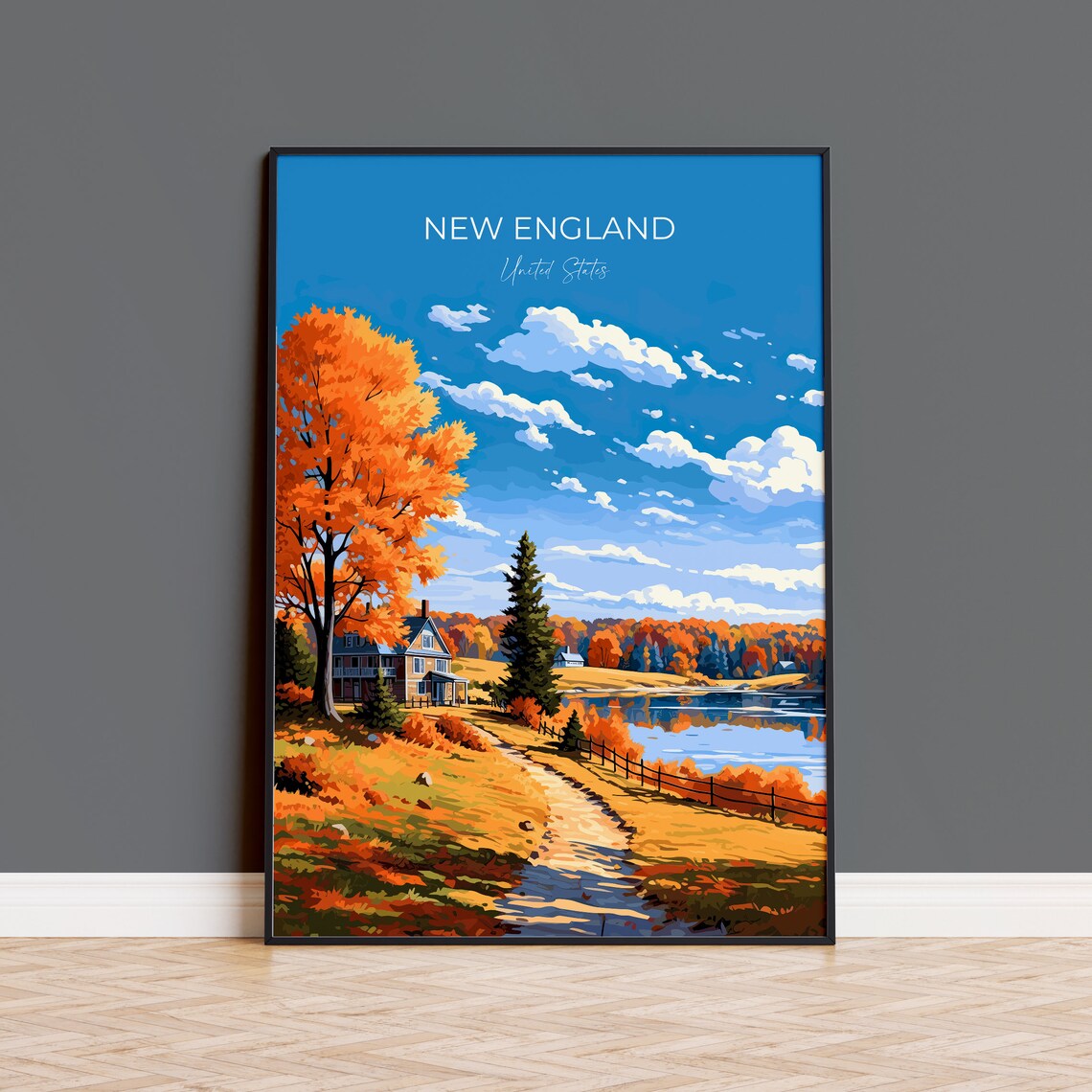 New England Travel Poster, Autumn Fall Art Print