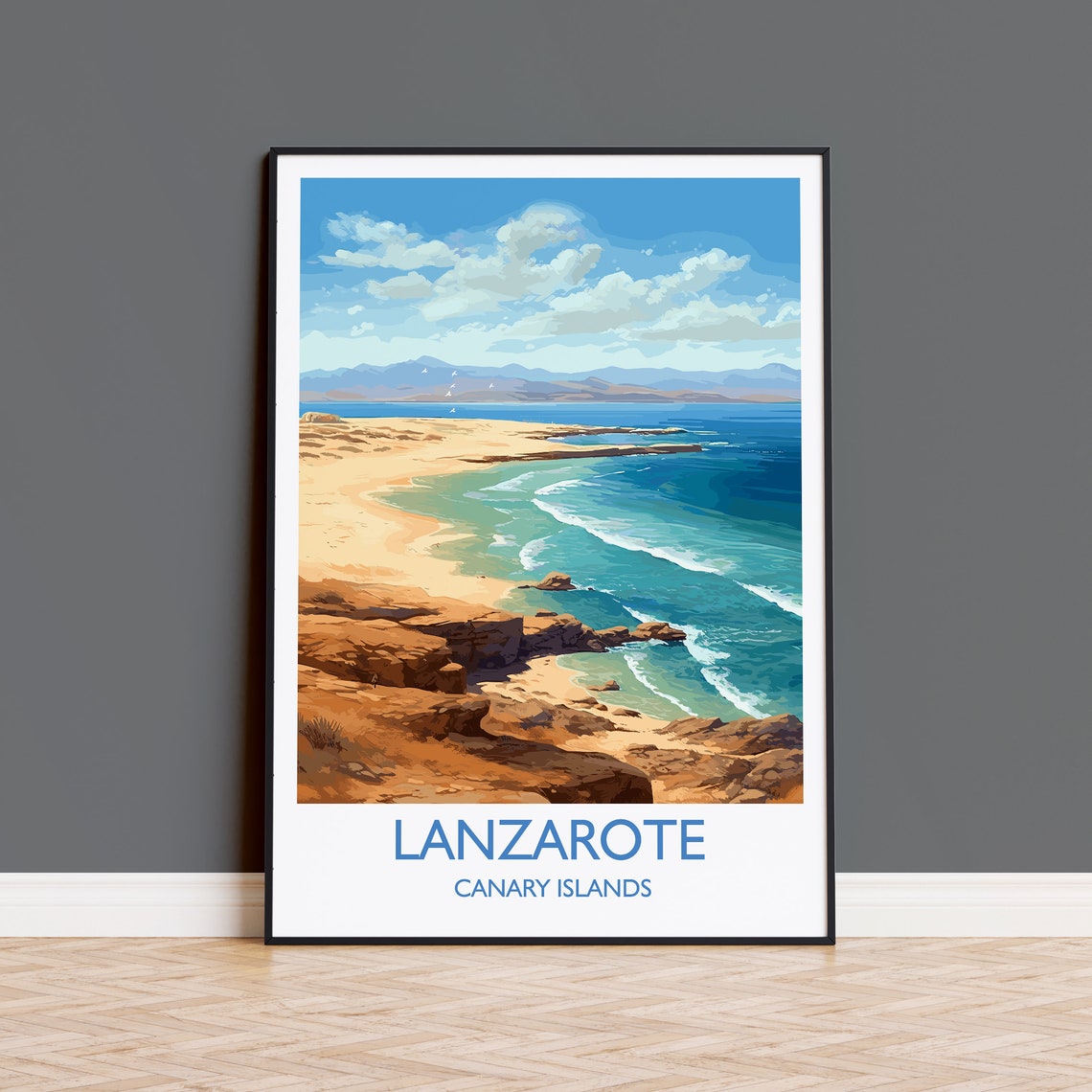 Lanzarote Canary Islands Sandy Beach Turquoise Bay Travel Poster
