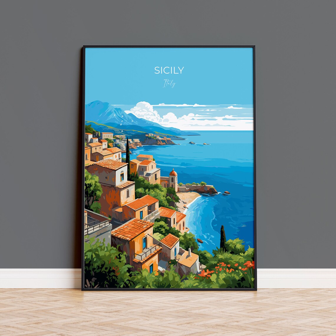 Sicily Italy Hillside Village Bay Coast Scenes Travel Poster