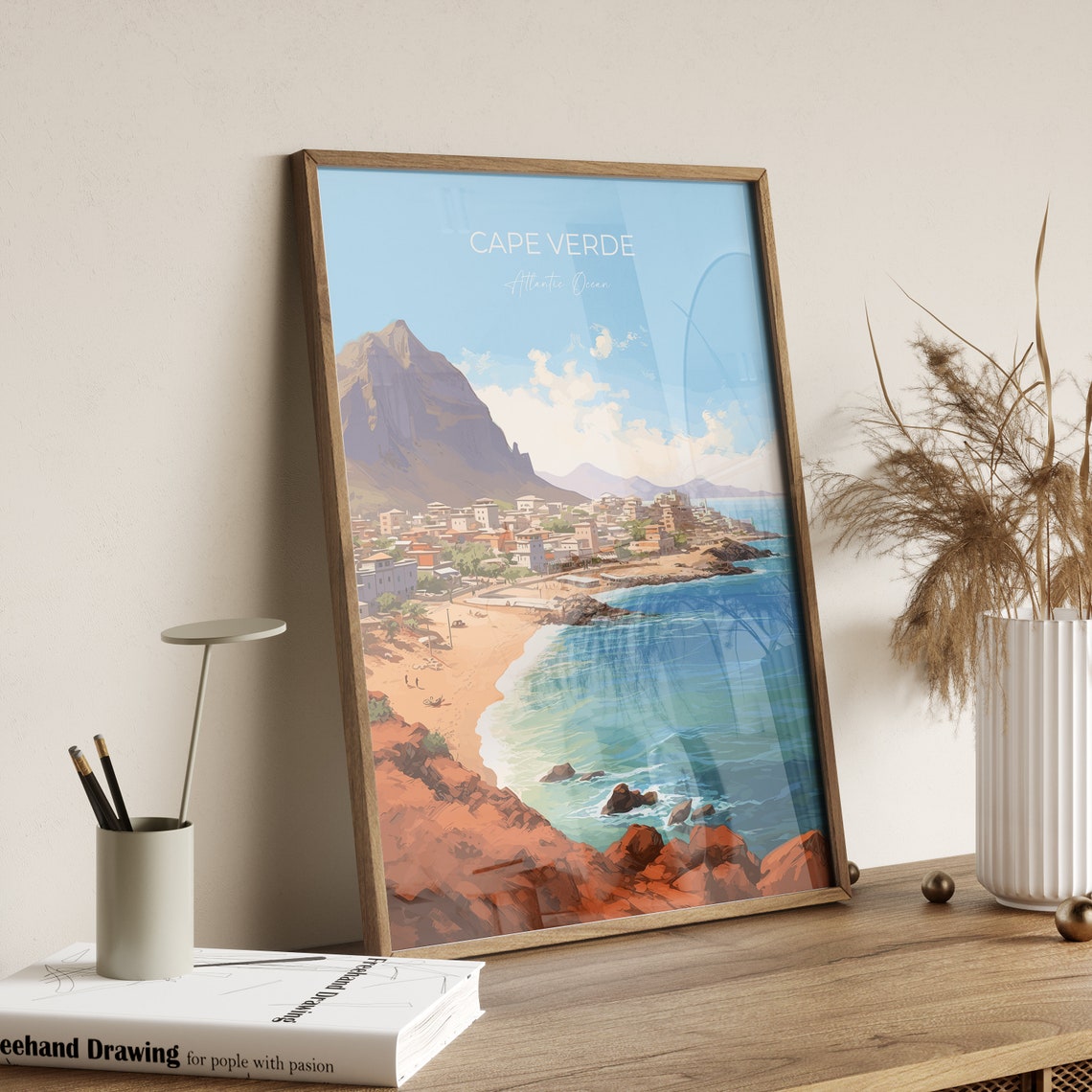 Cape Verde Atlantic Ocean Poster Beach Town Rocky Mountain Coast Scene - Image 2