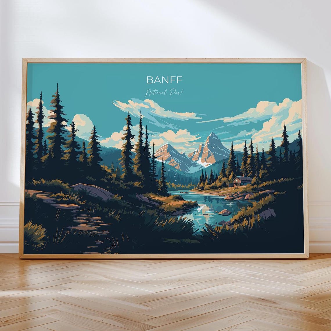 Vintage Banff National Park Mountain Lake Cabin Travel Poster