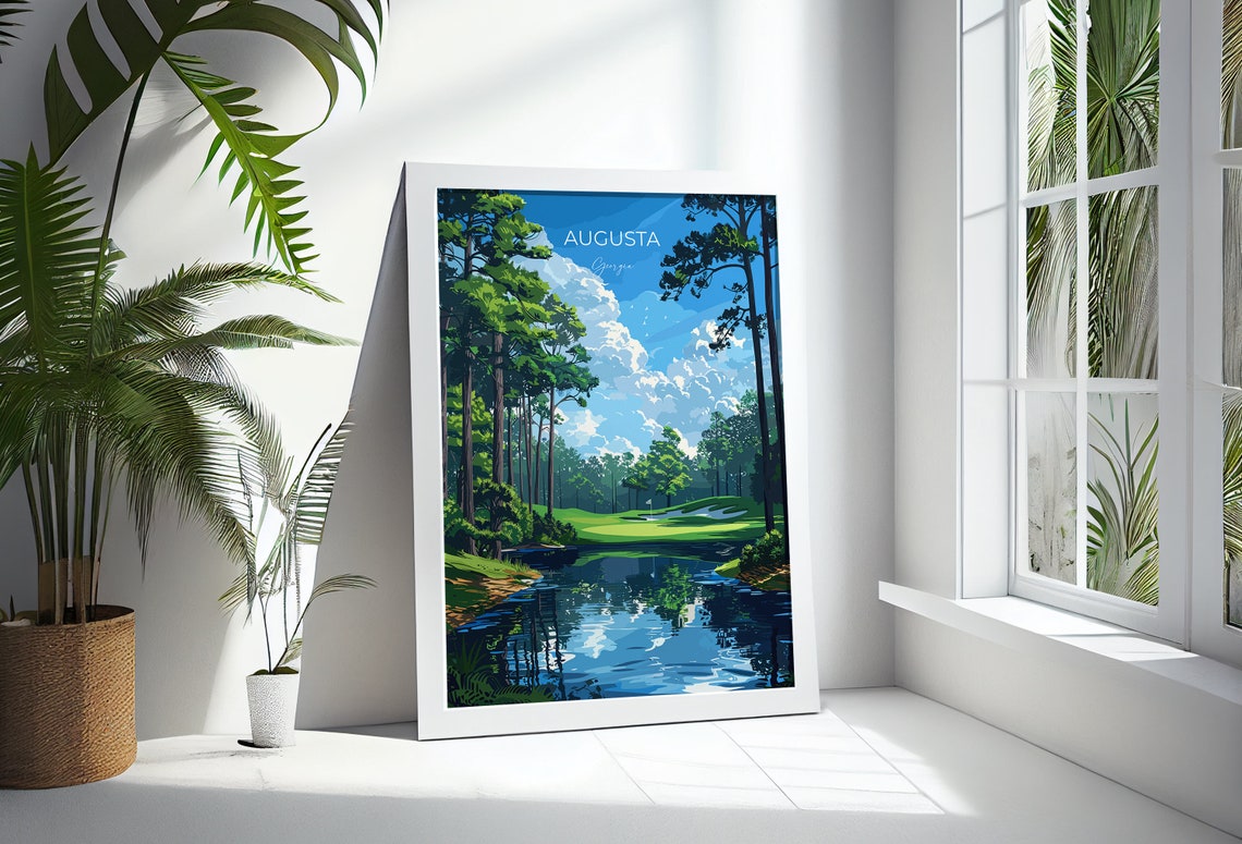 Augusta Georgia Golf Course Lake Reflection Vintage Script Poster - Image 2