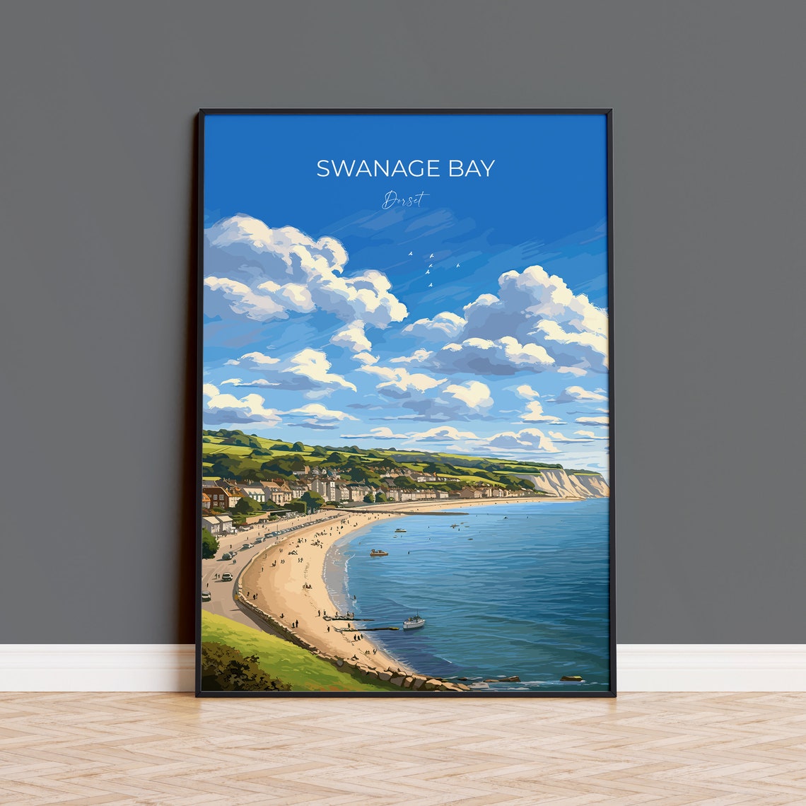 Swanage Bay Dorset Coastal Beach Panorama Vintage Script Poster