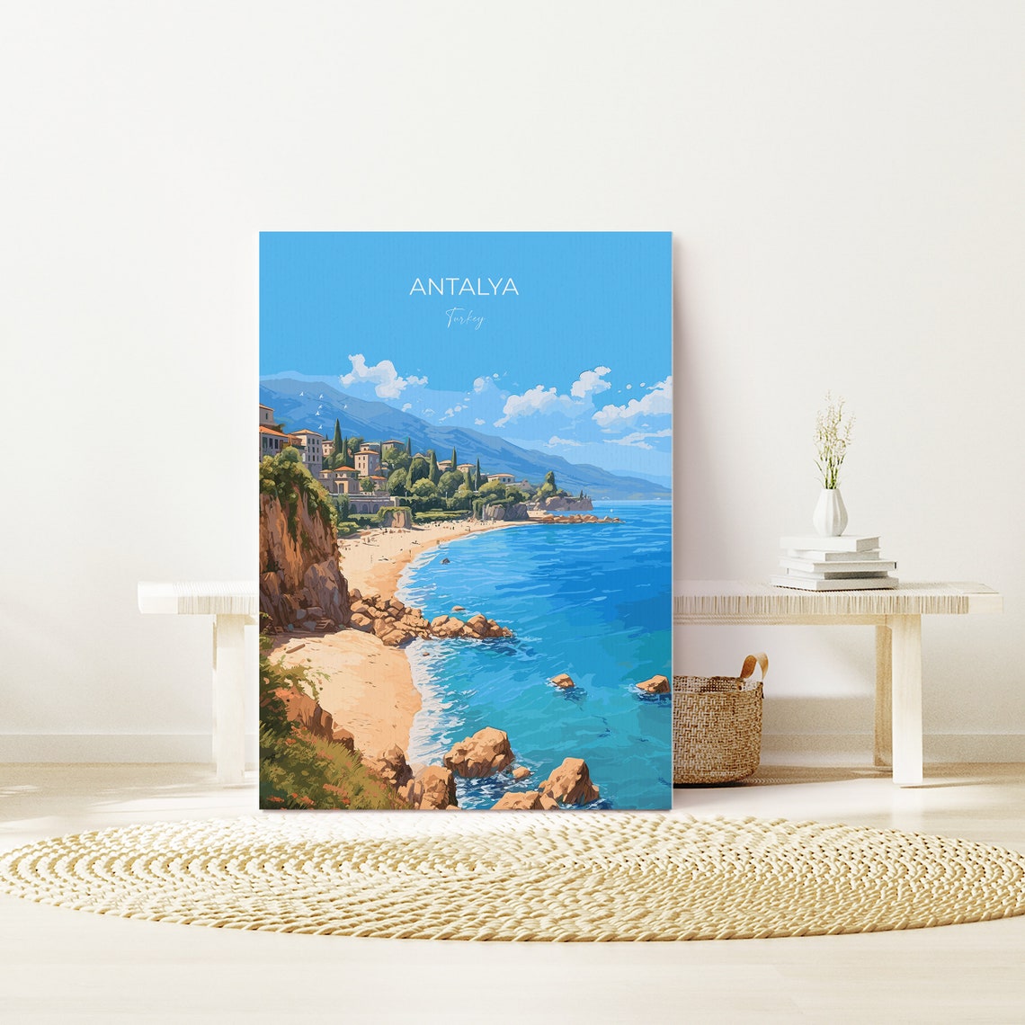 Antalya Turkey Cliffside Beach Sea Coast Scene Travel Poster - Image 3