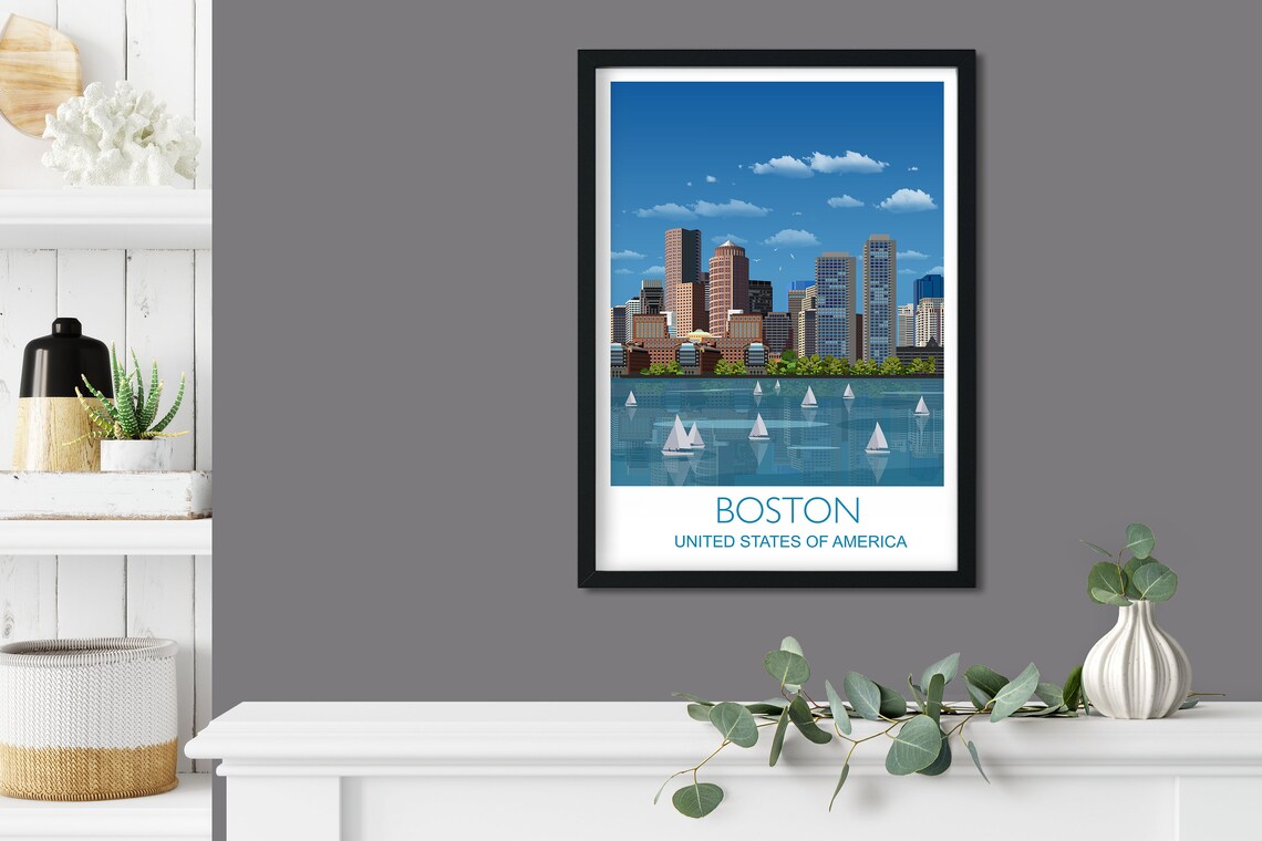 Boston Cityscape Travel Poster, Massachusetts Skyline - Image 3