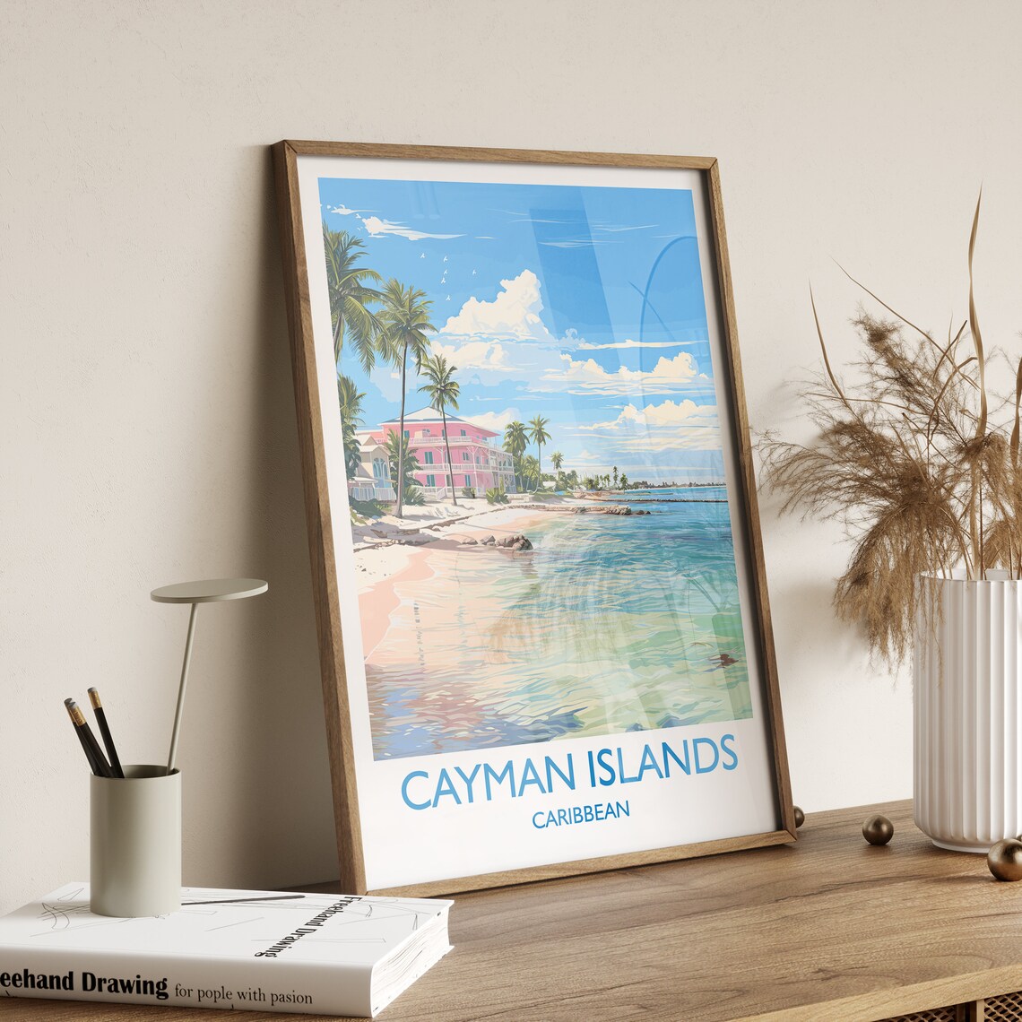 Cayman Islands Caribbean Beach Pink Hotel Vintage Travel Poster - Image 2