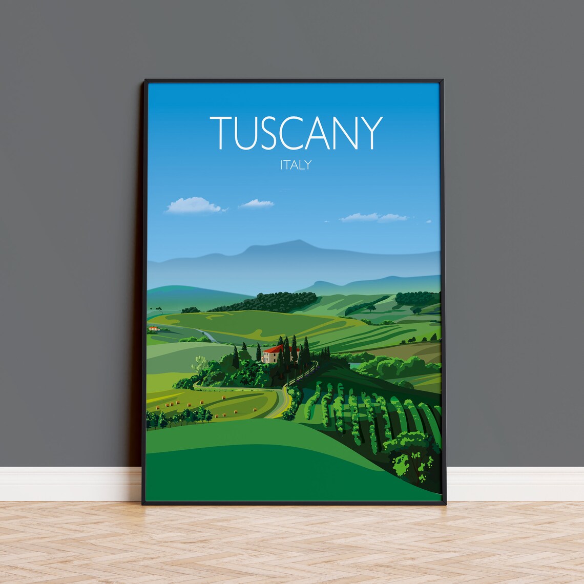 Tuscany Italy Rolling Hills Travel Poster of Villa and Vineyards
