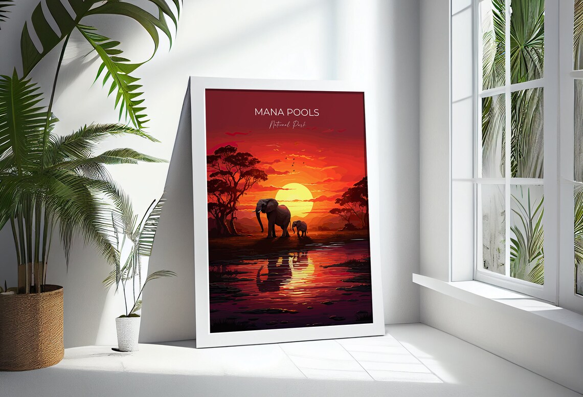 Mana Pools National Park Elephant Sunset Waterhole Art Poster - Image 3
