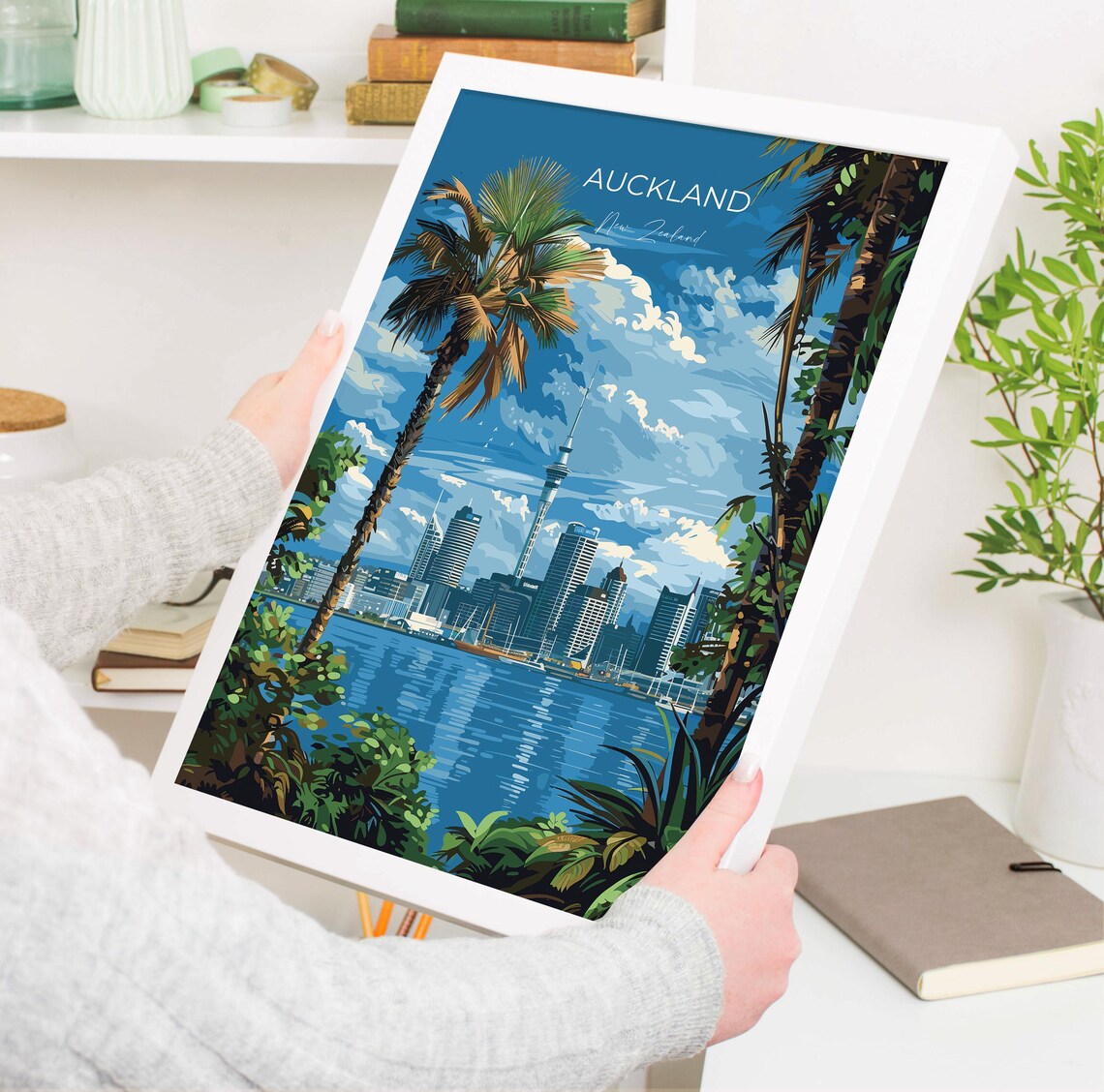 Auckland New Zealand Skyline Sky Tower Palm Trees View Poster - Image 3