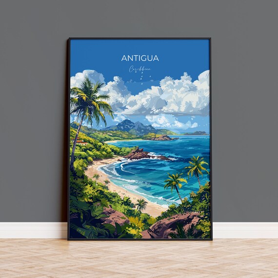 Antigua Caribbean Beach Palm Trees Turquoise Bay Sunset Travel Poster
