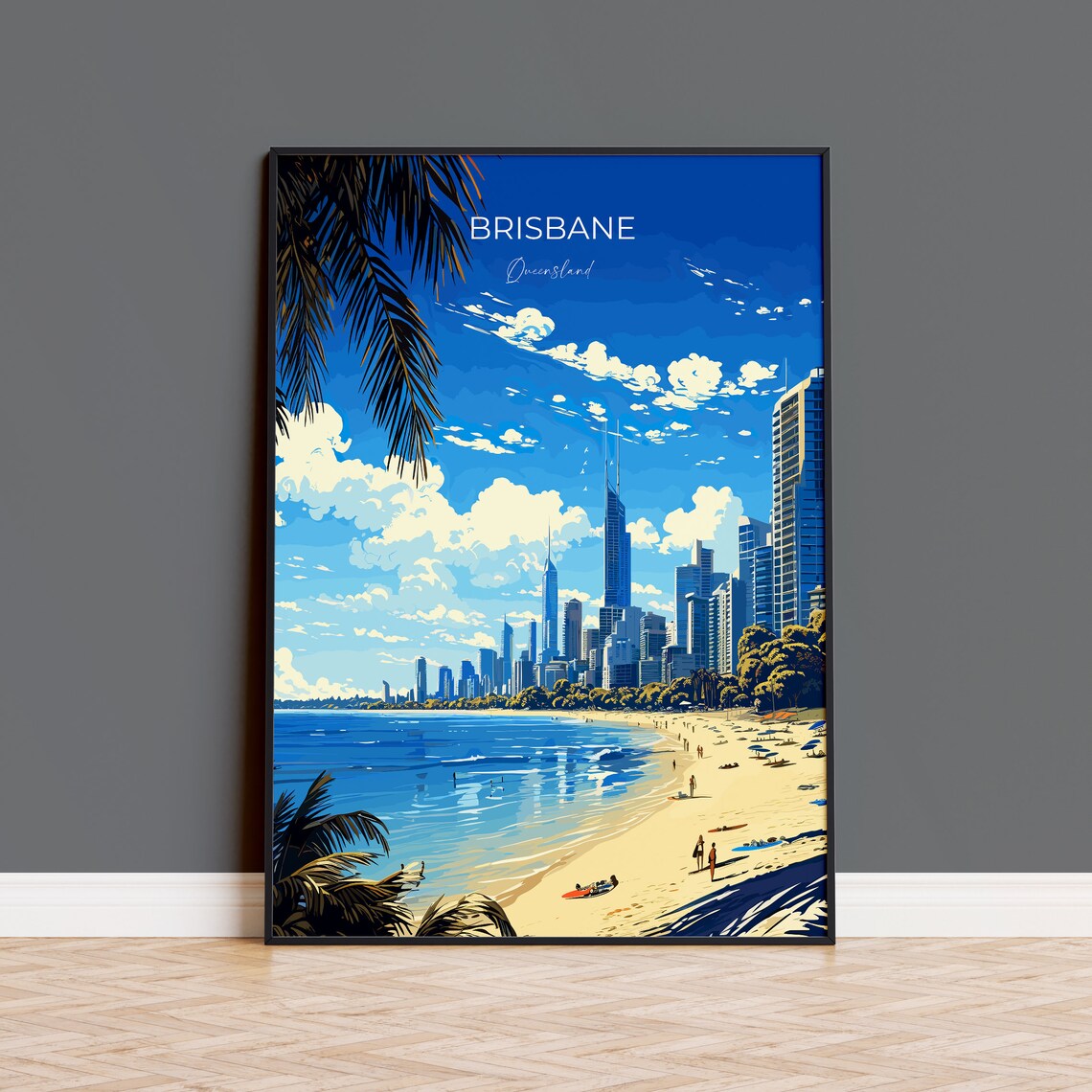 Brisbane Queensland Tropical Beach Palms Skyline View Travel Poster