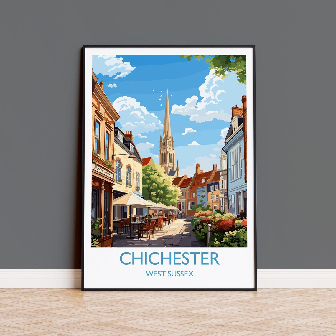 Chichester Cathedral Street Cafes Poster With White Border Art