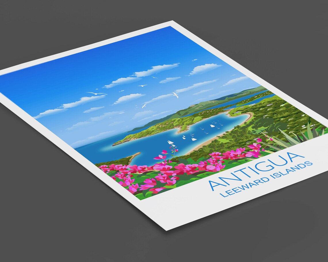 Antigua Leeward Islands Bay Travel Poster Sailboats Bougainvillea - Image 2
