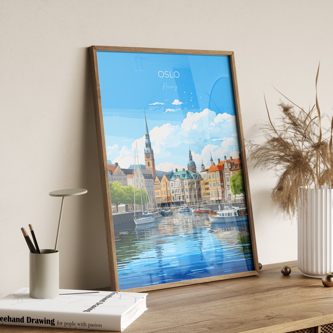 Oslo Harbour Sailboats Norway Waterfront Old City Scene Poster - Image 2