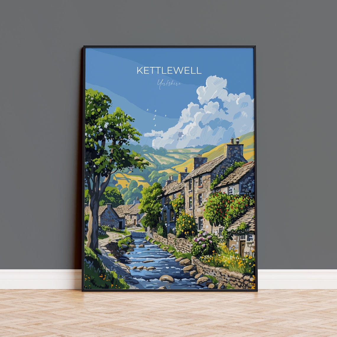 Kettlewell Yorkshire River Wharfe Cottages Modern Travel Poster