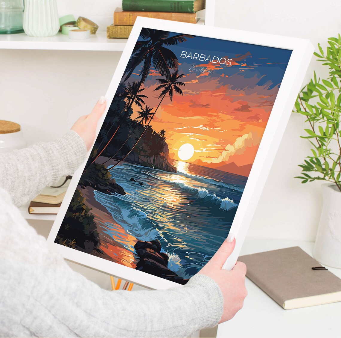 Barbados Caribbean Sunset Beach Palm Silhouette Travel Poster - Image 3