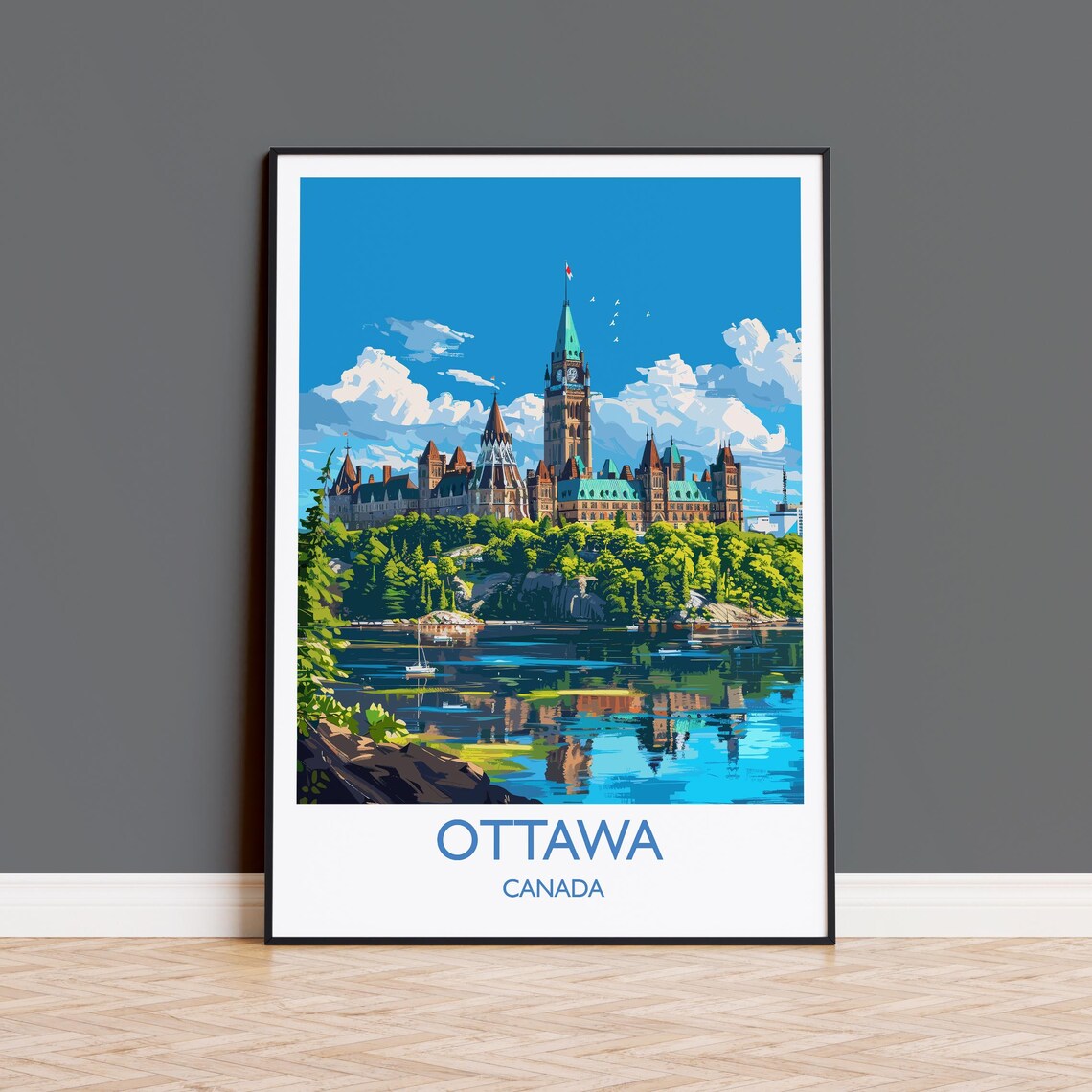 Ottawa Canada Parliament Buildings Riverside Reflection Travel Poster
