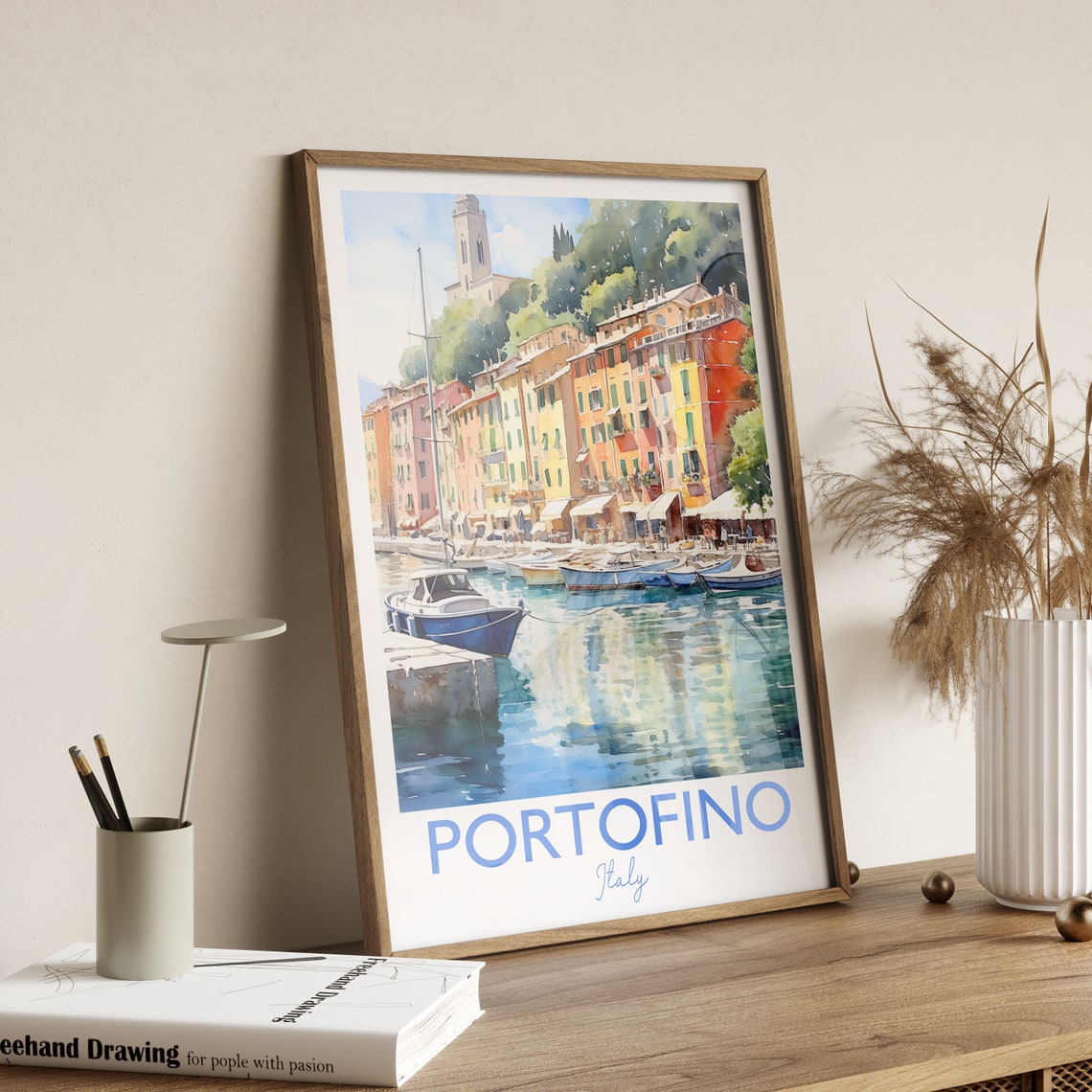 Portofino Italy Pastel Harbor Boats Hillside Watercolor Poster - Image 4