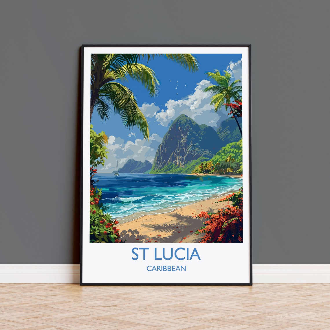 St Lucia Caribbean Pitons Beach Palms White Sand Travel Poster