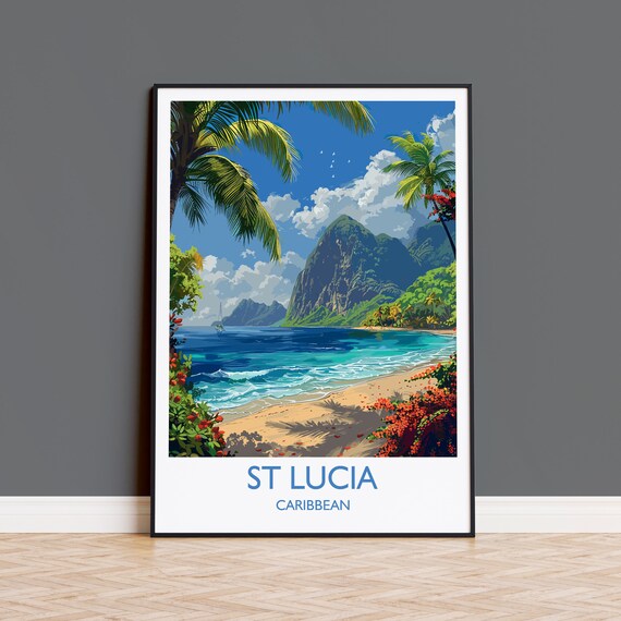 St Lucia Caribbean Pitons Beach Palms White Sand Travel Poster