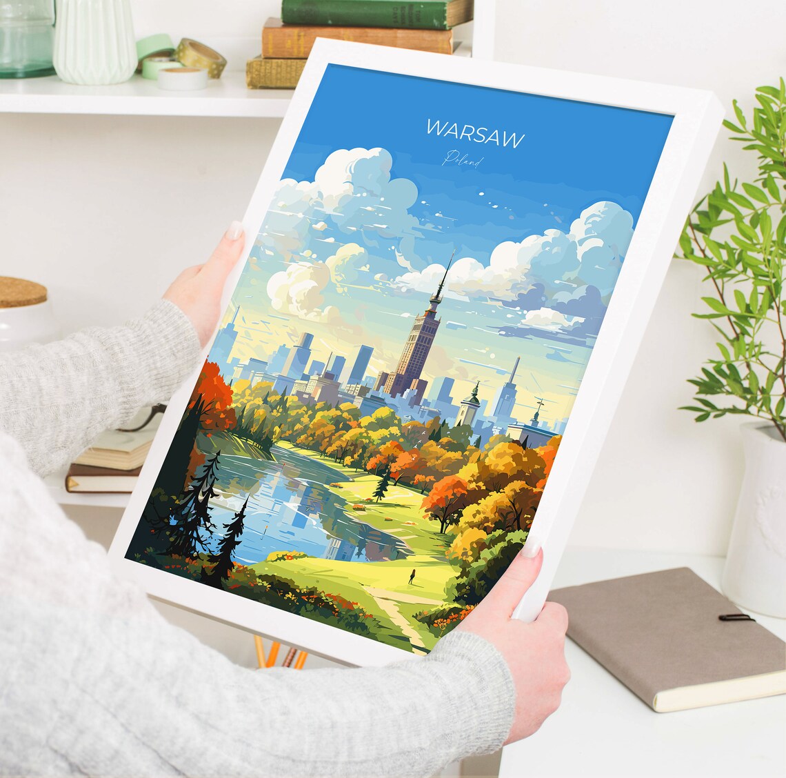 Warsaw Poland Travel Poster City Skyline Park Lake Autumn Colors - Image 5