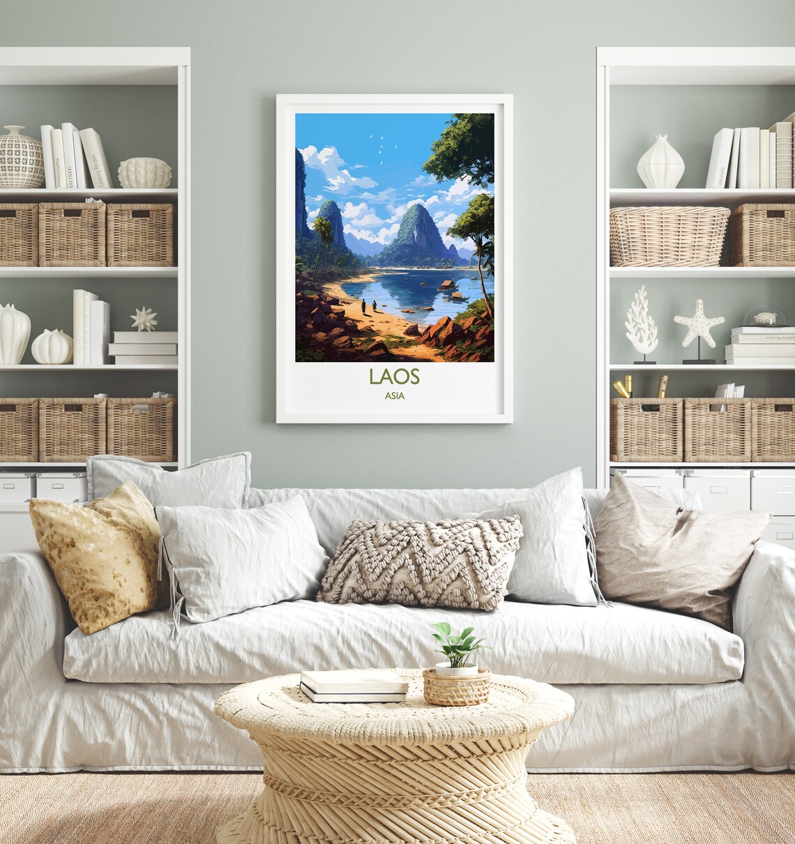 Laos Asia Tropical Beach Karst Hills Boats Scenic Travel Poster - Image 4
