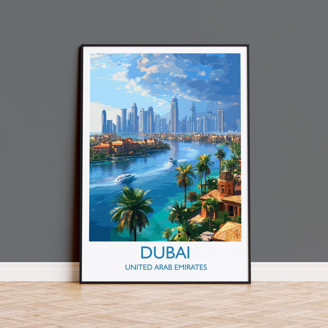 Glittering Dubai Marina Skyline Palm Trees Retro Travel Poster