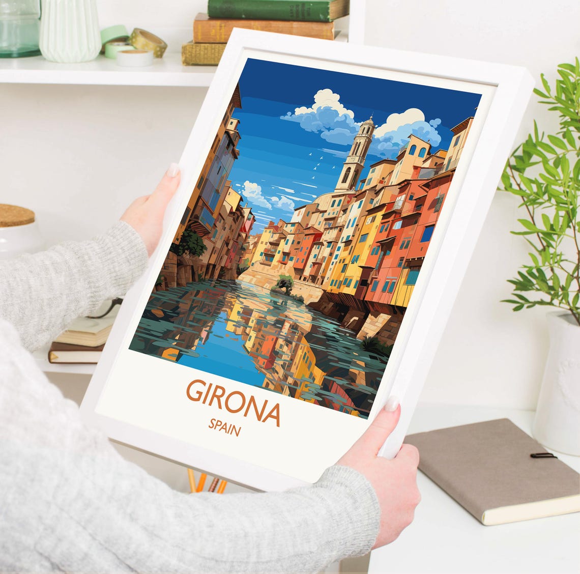 Girona Spain Riverside Old Town Houses Bright Blue Sky Travel Poster - Image 3