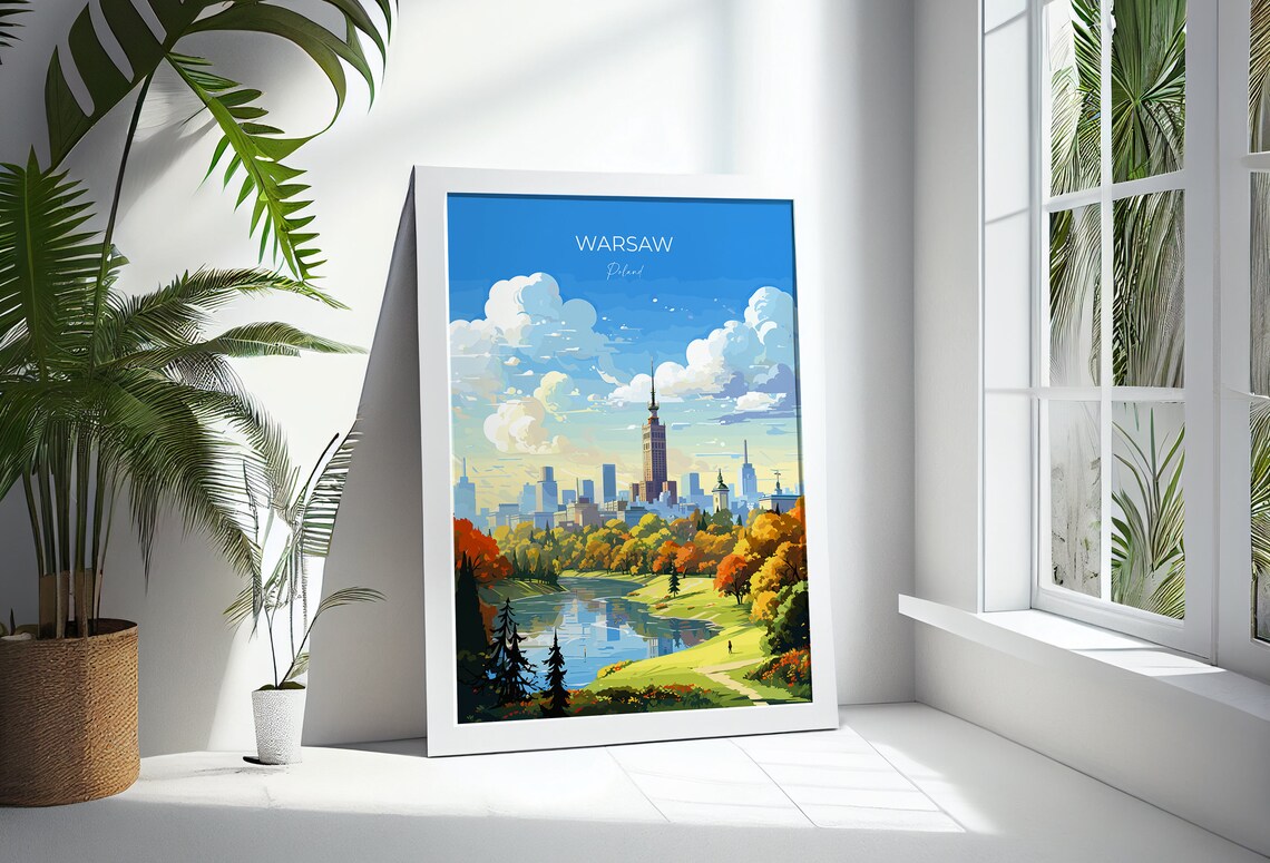 Warsaw Poland Travel Poster City Skyline Park Lake Autumn Colors - Image 3