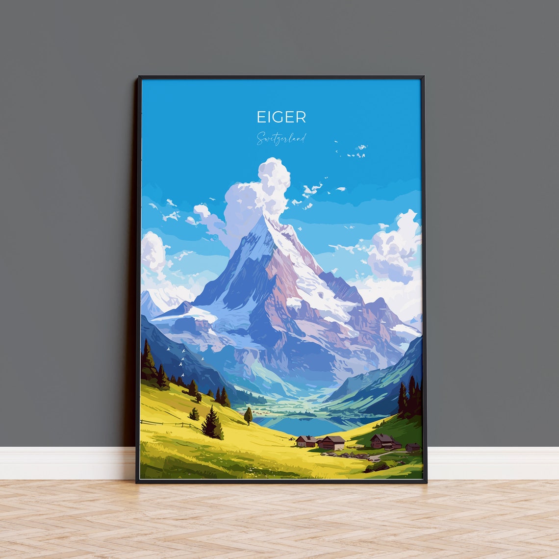Eiger Switzerland Snow Capped Alpine Peak Meadow View Poster