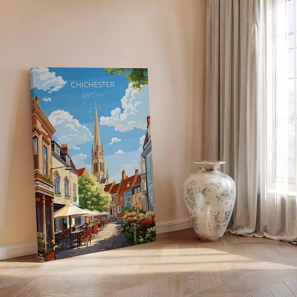 Chichester Cathedral Spire Street Cafes England Travel Poster - Image 2