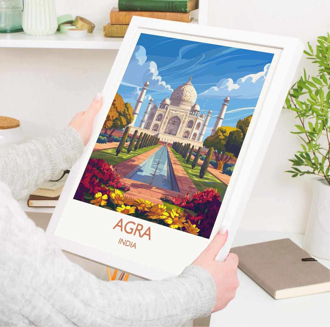 Agra Taj Mahal Long Reflecting Pool Gardens Floral Foreground Poster - Image 3