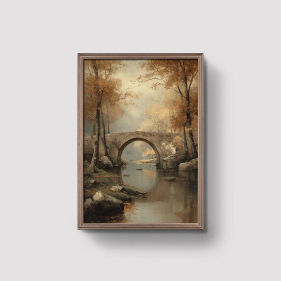 Old Stone Bridge Misty Autumn River Vintage Oil Painting Print
