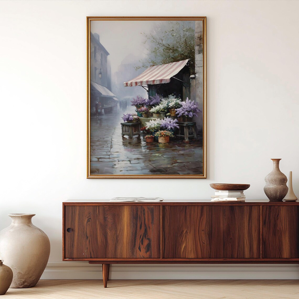 Purple Lilac Flower Market Cobblestone Street Vintage Painting Poster