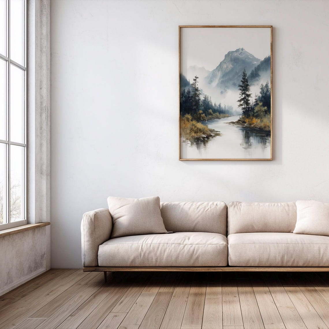 Misty Mountain River Watercolor Painting Serene Landscape Wall Art