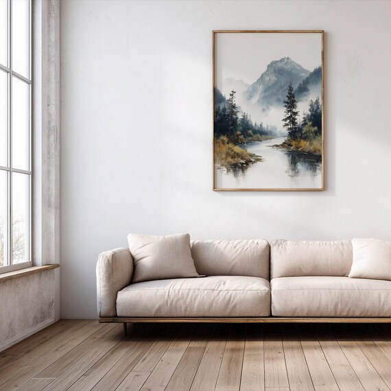 Misty Mountain River Watercolor Painting Serene Landscape Wall Art
