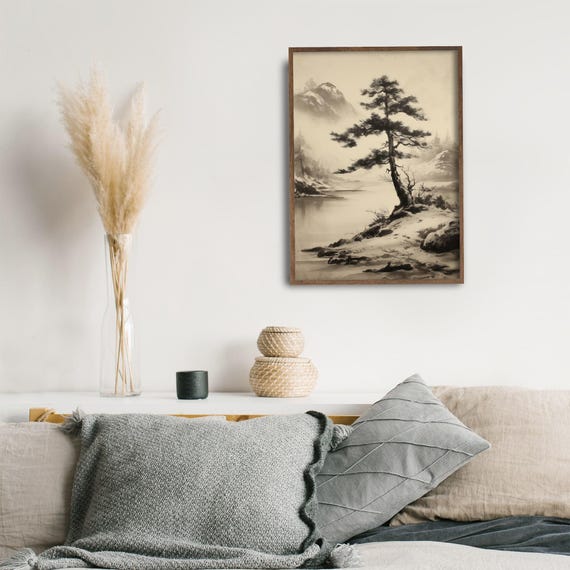Pine Tree Art Mountain Landscape Print Zen Wall Decor Minimalist Nature Poster Sepia Tone Meditation Room Prints
