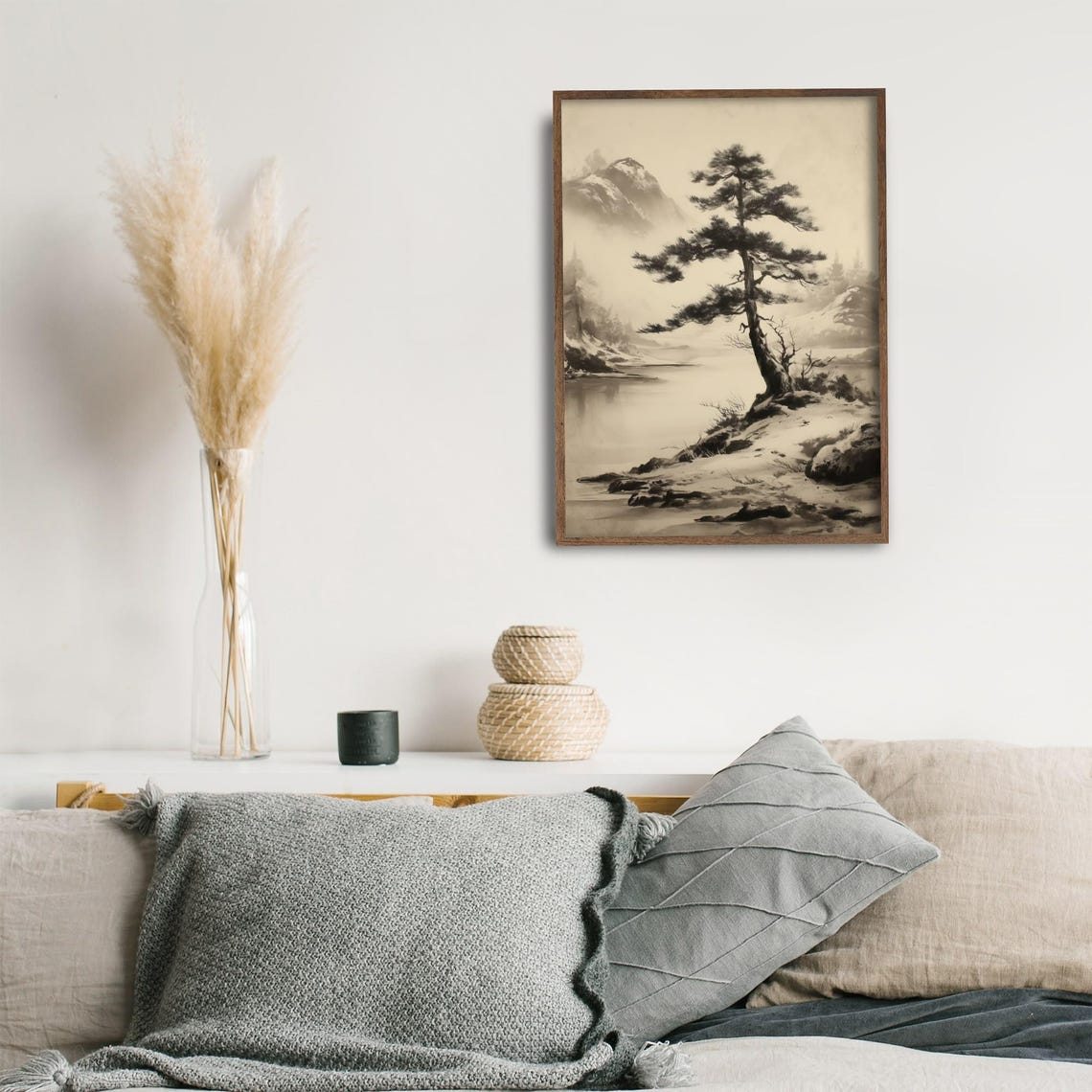 Pine Tree Art Mountain Landscape Print Zen Wall Decor Minimalist Nature Poster Sepia Tone Meditation Room Prints