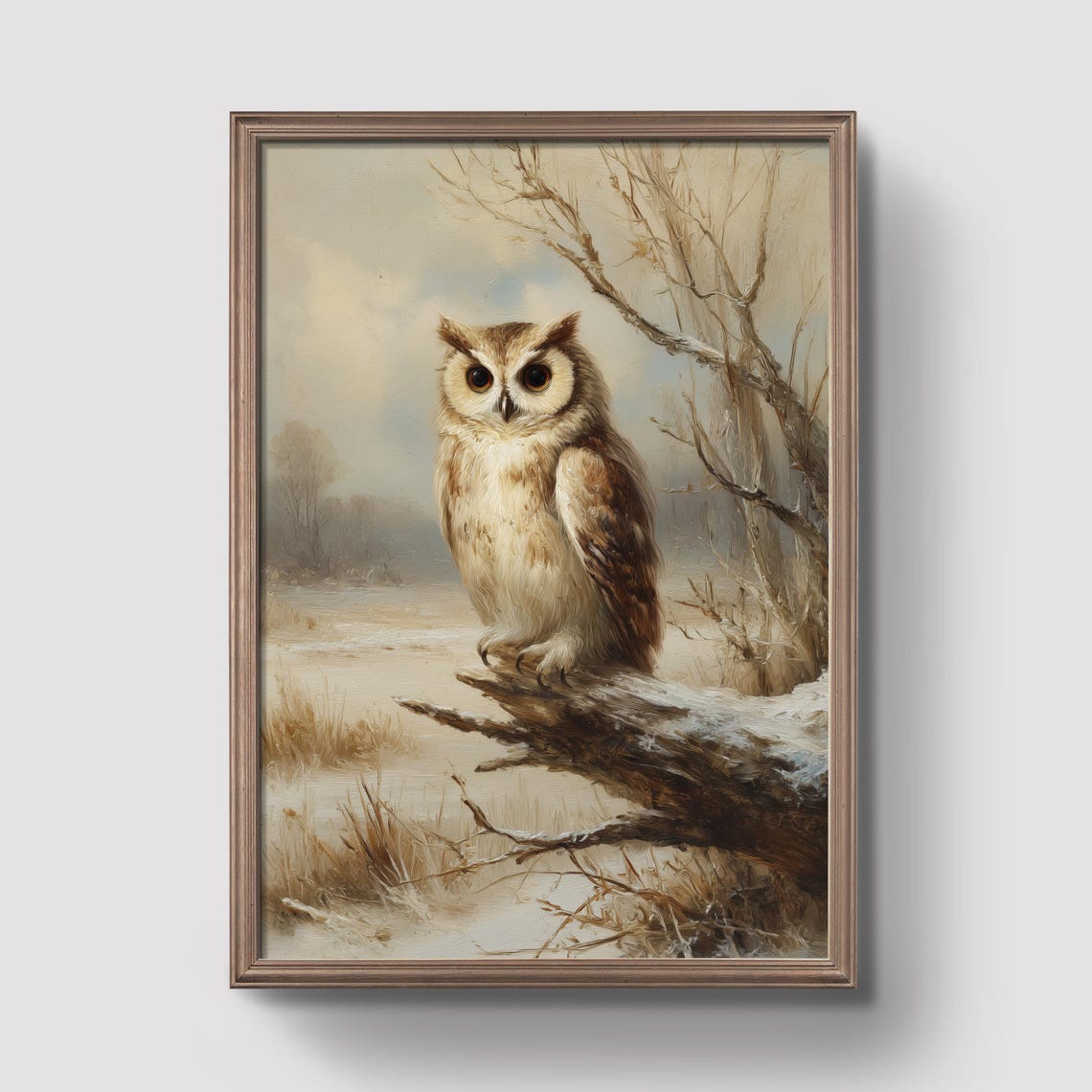 Vintage Style Snowy Owl Perched On Snowy Branch Winter Art Poster