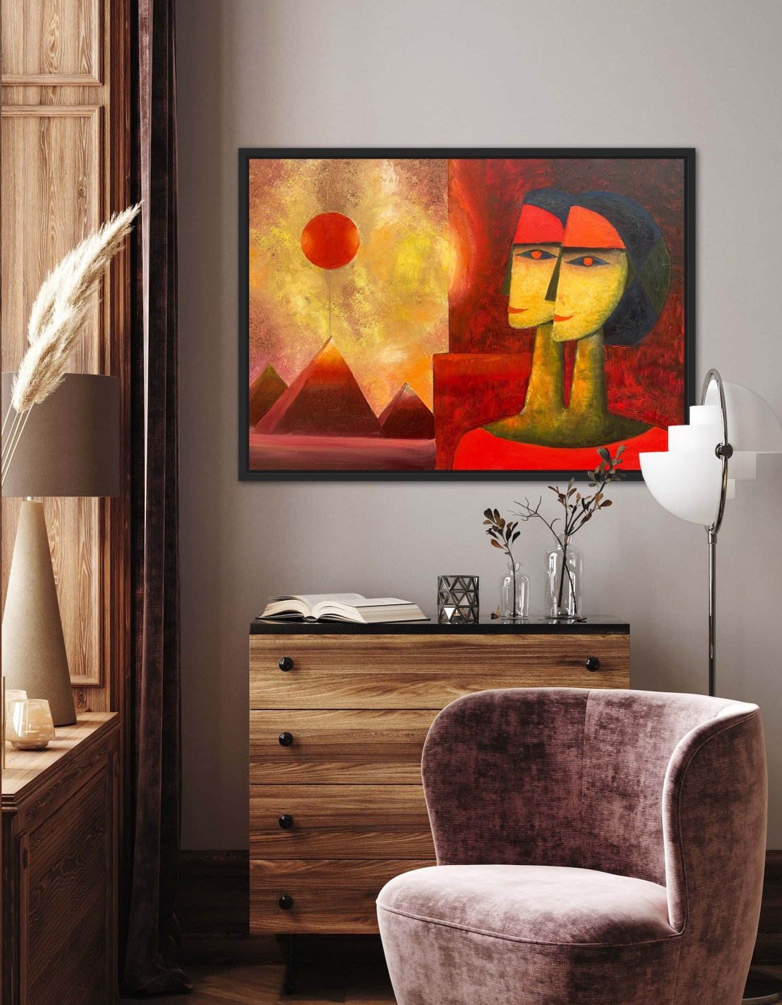Mystic Red Sun Over Pyramids Abstract Desert Faces Painting Poster - Image 3