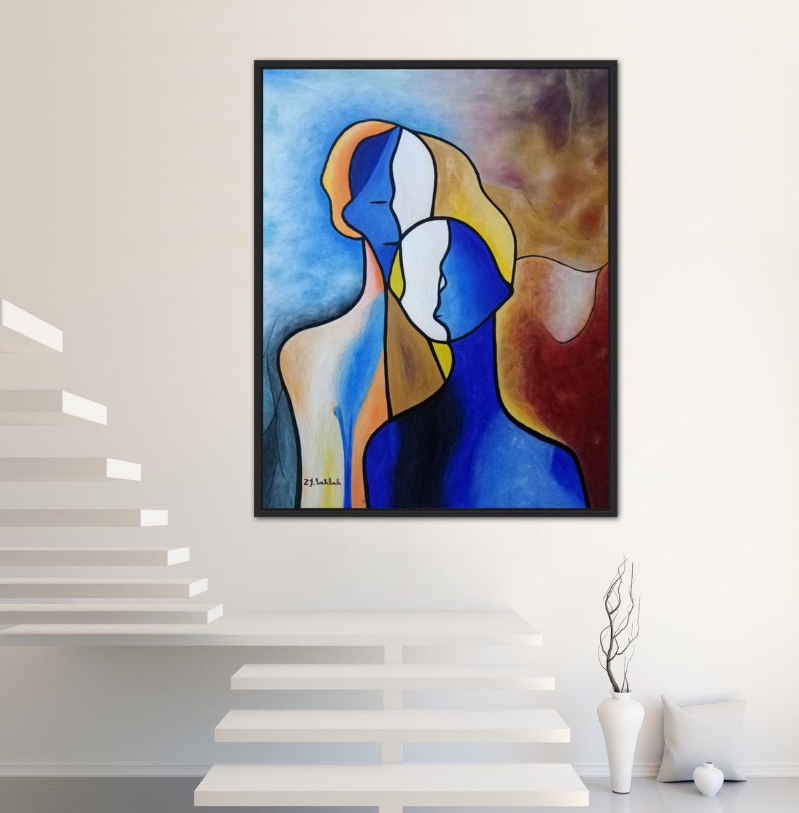 Modern Blue and Gold Two Profile Bust Abstract Portrait Poster - Image 3