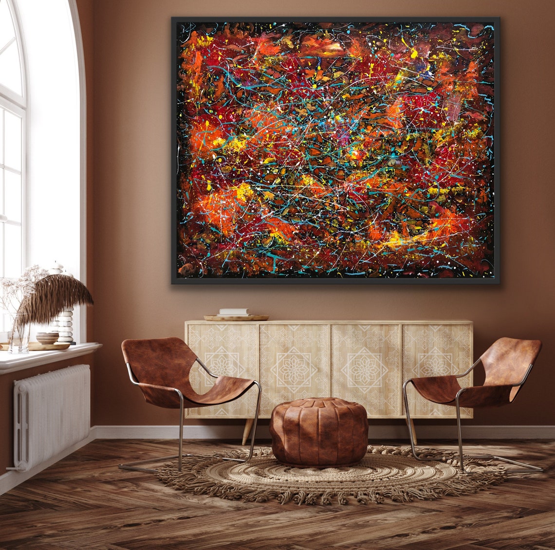 Energetic Red Orange Turquoise Drip Abstract Expressionist Poster