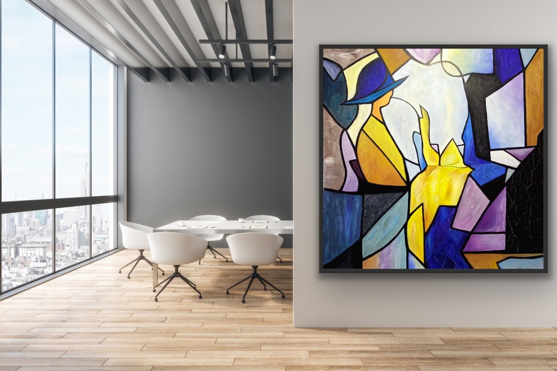 Abstract Stained Glass Woman with Hat Yellow Blue Purple Poster - Image 2