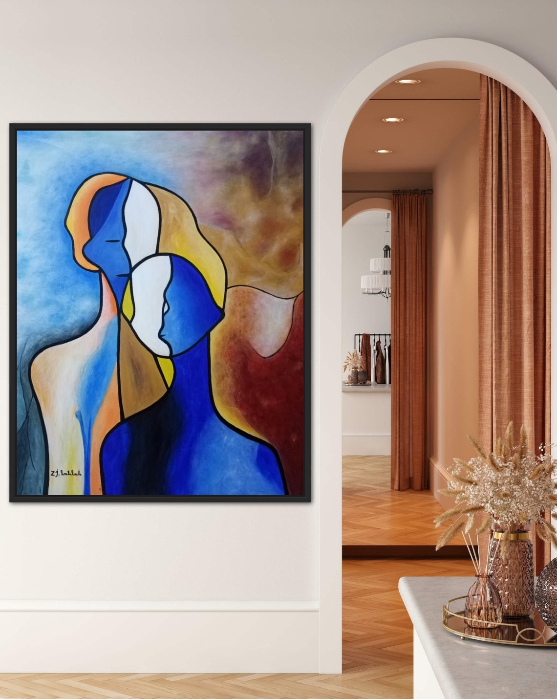Modern Blue and Gold Two Profile Bust Abstract Portrait Poster - Image 2