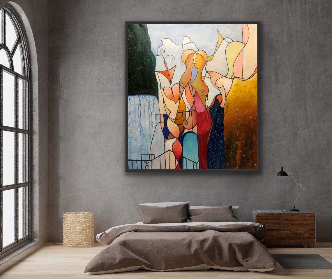 Lovers Abstract Couple Kissing by Waterfall Warm Tones Poster - Image 3