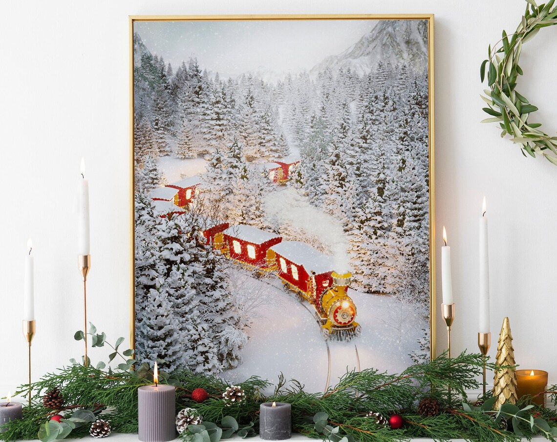 Red Steam Train Snowy Mountain Winter Christmas Express Holiday Print