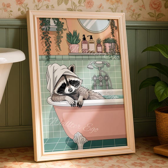 Raccoon Taking A Bath Bathroom Wall Print Funny Home Decor Trendy New Gifts