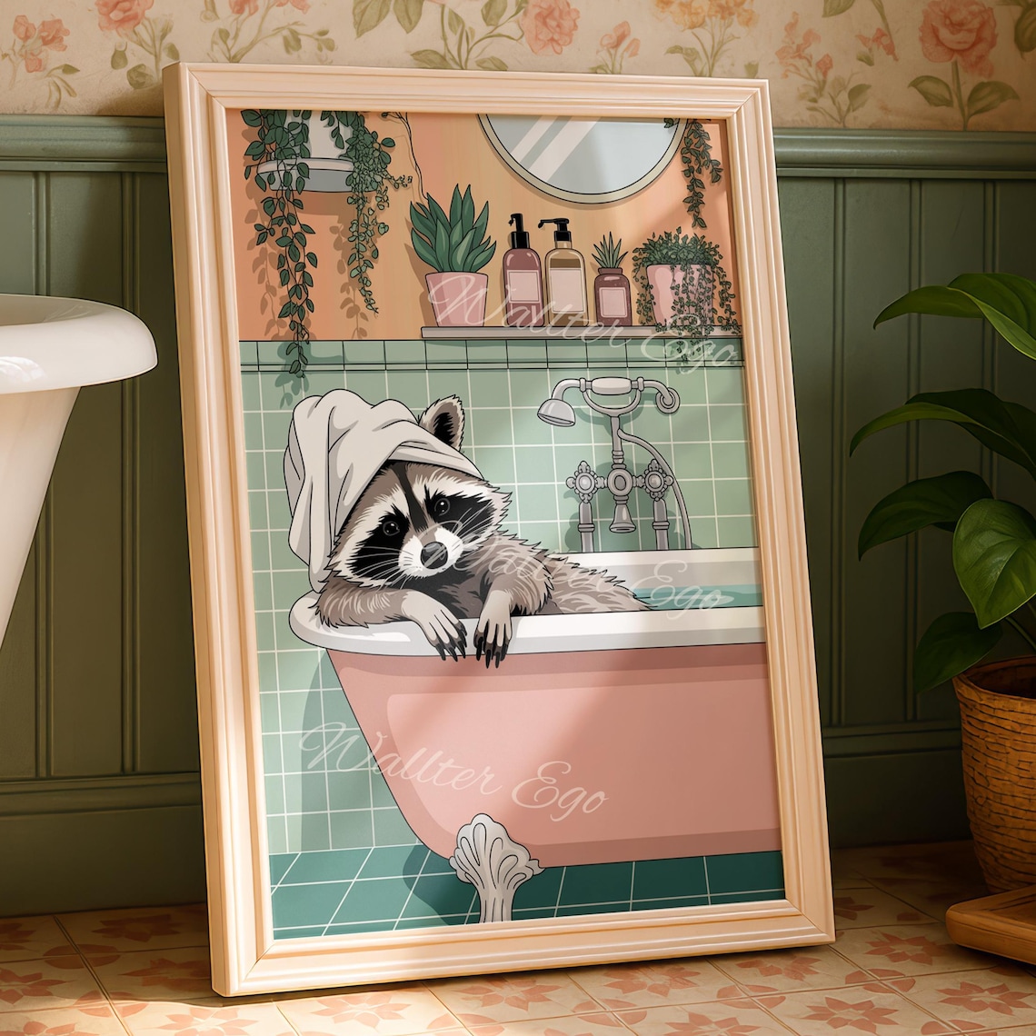 Cute Raccoon Taking A Bubble Bath Funny Animal Bathroom Poster